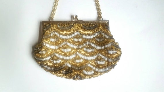 Vintage Handbag Gold Seed Bead Clutch Handmade Ba… - image 4