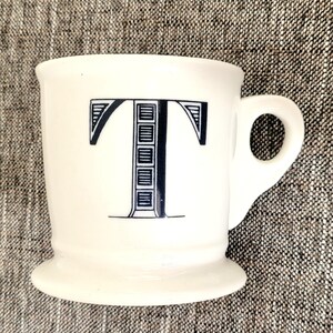Anthropologie Mug Monogram Letter "C" "F" "J" "R" "N" "T" Vintage Ceramic Shaving Style Cup 16 Oz T Letter