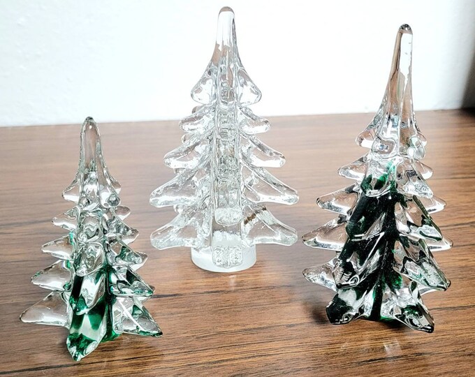 Glass Christmas Tree Set Clear W/ Green or Clear Solid Glass Pine Tree