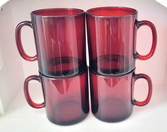 Red Glass Mug Set Glass Coffee Mug Set Vintage Ruby Red Glassware MCM Cups Made by Arcoroc in France Retro Kitchen