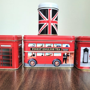 Tea Tin Canister London Bus Routemaster, England Kings Guard, Telephone Booth, UK Flag Metal Box Tea Caddy Vintage Storage, Individual Empty