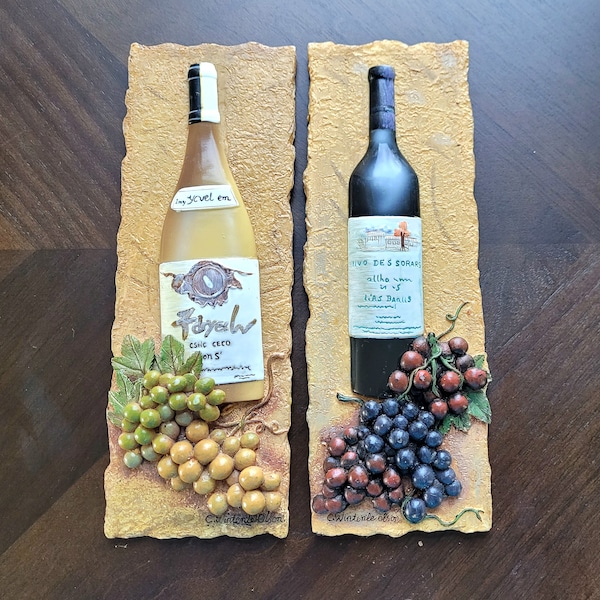 Wine Bottle Tiles Merlot Chardonney w/ Grapes Kitchen Decor C. Winterle Olson Vintage Hand Painted 3D Tile Plaque Wall Hanging Wine Wall Art