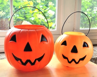 Vintage Halloween Jackolantern Orange Jack O Lantern Candy Bucket Pail L or S Trick or Treat General Foam Plastic Blow Mold Fall Retro Decor