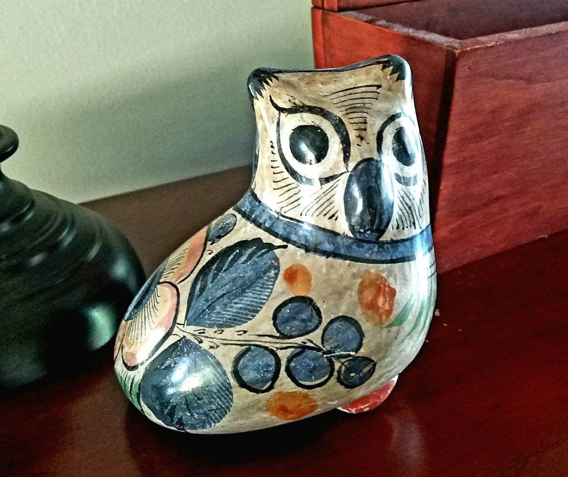 Vintage Tonala Owl Mexican Pottery 4.5" Tall Bird Folk Art Stoneware Bird Figurine Boho Decor