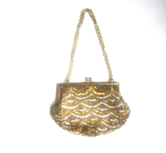 Vintage Handbag Gold Seed Bead Clutch Handmade Ba… - image 1