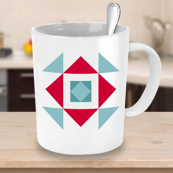 Quilting Coffee Mug Quilt Block 4 Red and Aqua Quilt Block Etsy