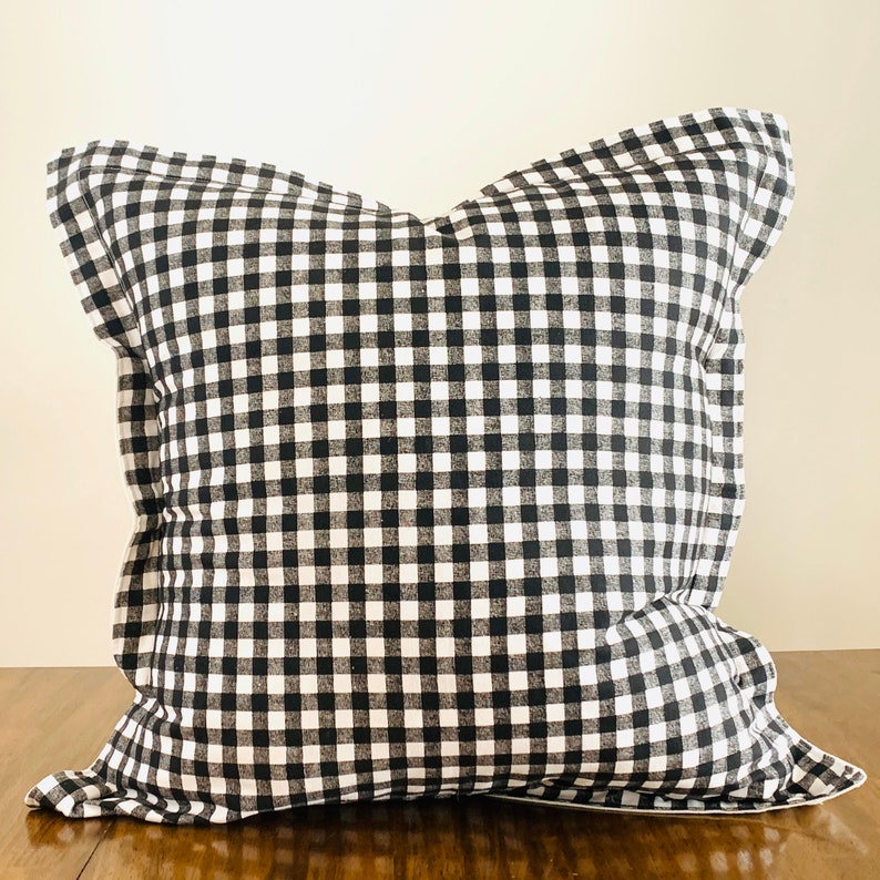 100/% Cotton 20x20 Pillow Cover or Cover and Pillow Form Black /& White Buffalo Check Pillow with Bleached Canvas Back
