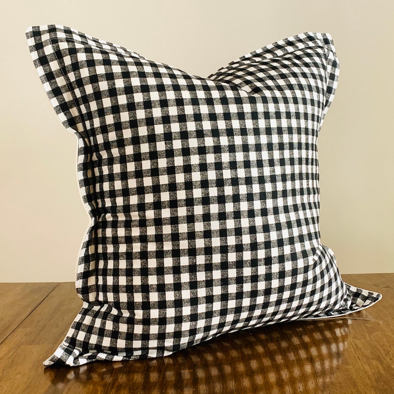 100/% Cotton 20x20 Pillow Cover or Cover and Pillow Form Black /& White Buffalo Check Pillow with Bleached Canvas Back