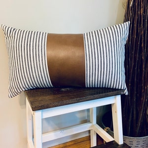 Modern Faux Brown Leather and Black Ticking Stripe Pillow | 12x20 Pillow Cover