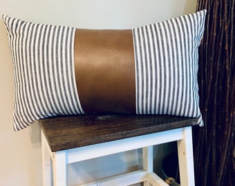 Modern Faux Brown Leather and Black Ticking Stripe Pillow | 12x20 Pillow Cover