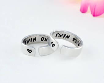 Twin One, Twin Two- Hand Stamped Sister Ring Set of 2, Twin Sisters Matching Pair Rings, Best Friends BFF Friendship Gift