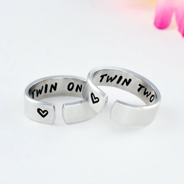 Twin One, Twin Two- Hand Stamped Sister Ring Set of 2, Twin Sisters Matching Pair Rings, Best Friends BFF Friendship Gift