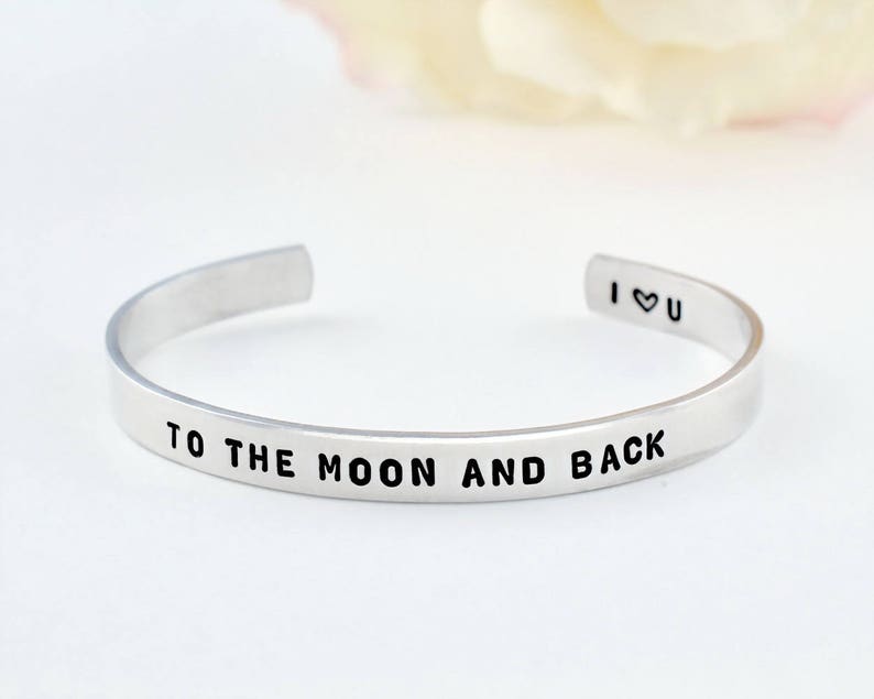 Mom Daughter Sisters Best Friends BFF Couples Lovers Personalized Gift Hand Stamped Aluminum Bracelet I Love You To The Moon And Back