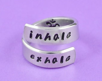 Inhale Exhale Ring, Hand Stamped  Wrap Spiral Ring, Om Symbol Ring. Yoga Inspired Ring