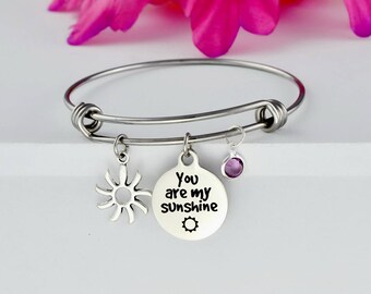 You Are My Sunshine - Stainless Steel Expandable Bangle Bracelet, Birthstone, Sun Charm, Mom Daughter Sisters Best Friends BFF Gift