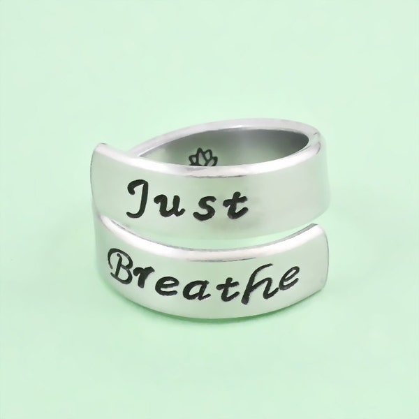 Just Breathe - Hand Stamped Spiral Ring, Lotus Yoga Inspired, inhale exhale, Workout, Affirmation, Sorority Sisters Friends Friendship Gift