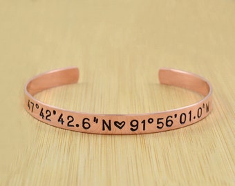 Latitude Longitude Coordinates - Hand Stamped Copper, Brass or Aluminum Cuff Bracelet, GPS Location Bracelet, Meaningful Personalized Gift