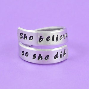 She believed she could, so she did - Hand Stamped Spiral Twrist Ring, Inspirational Quote, Graduation Gift