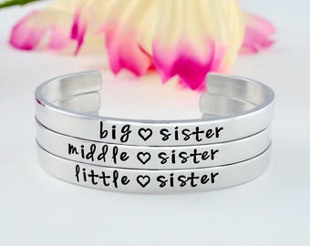 big middle little sister - Hand Stamped Aluminum Cuff Bracelets Set of 3, Sorority Best Friends BFF Friendship Gift