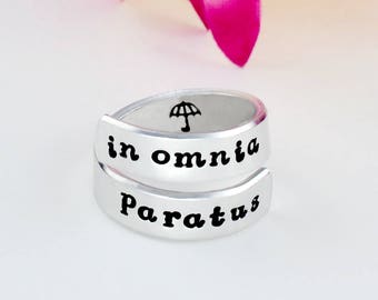 In Omnia Paratus - Hand Stamped Aluminum Spiral Ring, Gift for Sorority Sisters Best Friends Friendship
