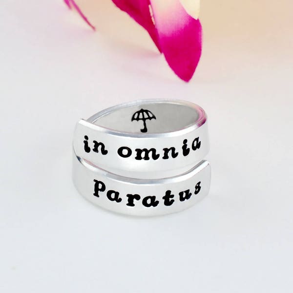 In Omnia Paratus - Hand Stamped Aluminum Spiral Ring, Gift for Sorority Sisters Best Friends Friendship