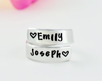 Lovers Name Ring - Hand Stamped Aluminum Spiral Ring, Custom Made Ring, Personalized Couple Ring, Girlfriend Boyfriend Name With Heart,