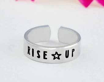 Rise Up - Hand Stamped Aluminum Cuff Ring, Alexander Hamilton Musical Inspired Star Gift, Inspiration Motivation Jewelry