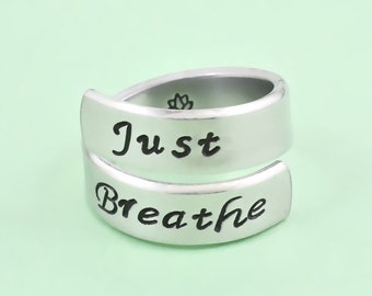 Just Breathe -Hand Stamped Aluminum Spiral Wrap Ring, Yoga Lotus Inspired Ring, Sisters Best Friends BFF Inspirational Gift