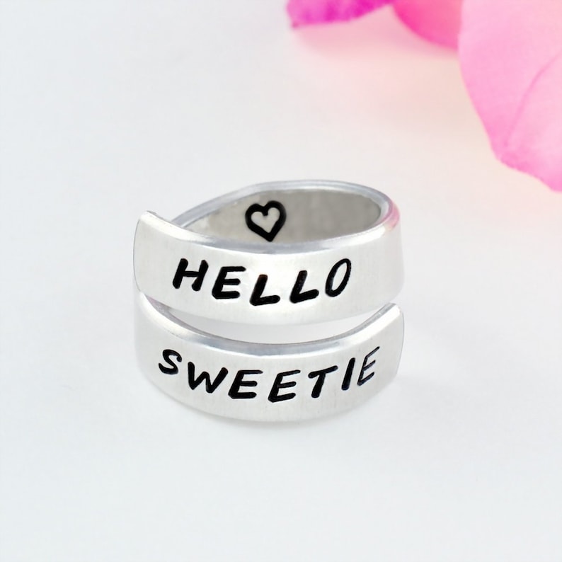 Hello Sweetie - Hand Stamped Aluminum Spirl Twist Ring, Doctor Who Inspired Ring, Birthday Gift, Gift for Girl, Daughter Sisters Friends 