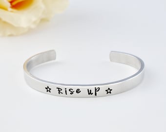 Rise up - Hand Stamped Aluminum Copper or Brass Cuff Bracelet, Motivational Gift for Her and Him, Sorority Sisters Best Friends