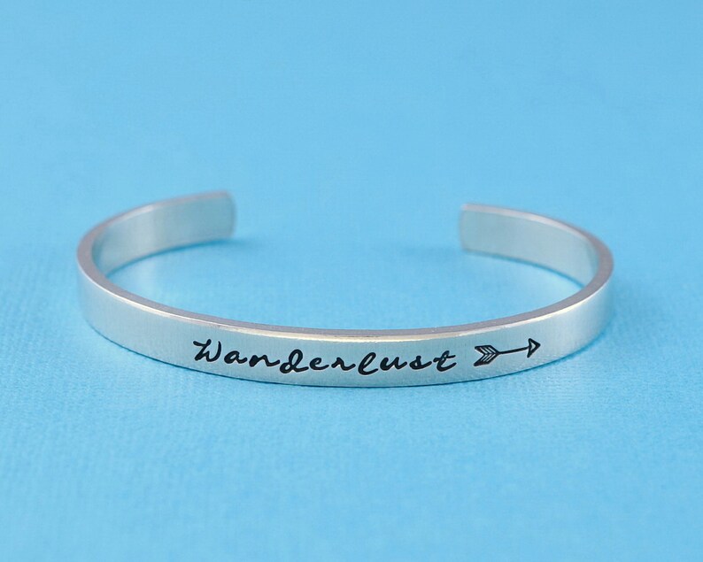 Wanderlust Hand Stamped Aluminum Cuff Bracelet, Travel, Wander, Adventure, Traveler Gift for Her & Him, Sorority Sisters Best Friends image 3