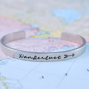 Wanderlust Hand Stamped Aluminum Cuff Bracelet, Travel, Wander, Adventure, Traveler Gift for Her & Him, Sorority Sisters Best Friends image 2