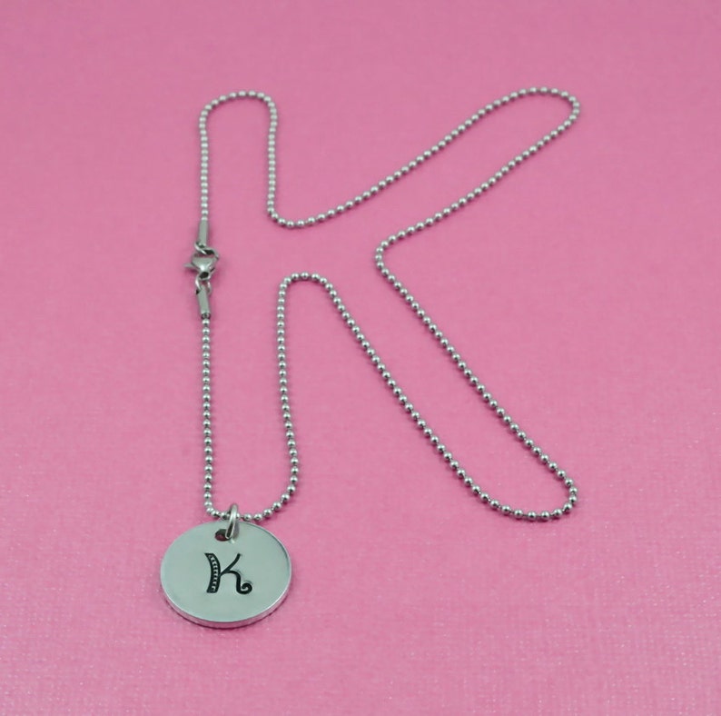 Hand Stamped Initial Letter Necklace Aluminum Disc Mother Daughter Sisters Best Friends BFF Gift CUSTOM Stainless Steel Ball Chain
