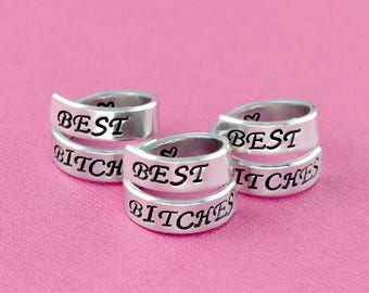 BEST BITCHES - Hand Stamped Aluminum Spiral Wrap Rings Set of 3, Sorority Sisters Best Friends BFF Gifts, Personalized Friendship Jewelry