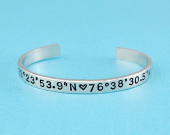 Latitude Longitude Coordinates - Hand Stamped Cuff Bracelet, GPS Location Bracelet, Meaningful Customized Personalized Gift