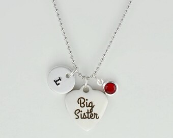 Big Middle Little Sister - Stainless Steel Ball Chain Necklace, Birthstone, Initial Charm,Family Love Customized Personalized Gifts