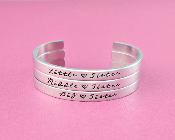 Big Sister Middle Sister Little Sister Hand Stamped Aluminum Cuff
