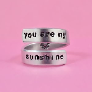 you are my sunshine - Hand Stamped Aluminum Spiral Wrap Ring, Grandma Mother Kids Girls Teenagers Daughter Granddaughter gift