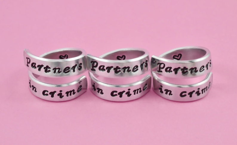 Partners in Crime - Hand Stamped Aluminum Spiral Wrap Rings Set of 3 ...