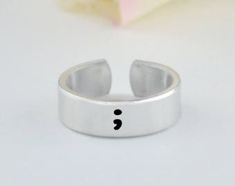 Suicide Awareness Semi Colon Ring, Hand Stamped Cuff Ring, Mental Health, Semicolon Gift for Sisters Friends, Mental Illness Survivors Gift