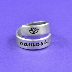 Namaste - Hand Stamped Aluminum Spiral Ring, Mantra Yoga Ring, Lotus Flower Ring, Inspirational Personalized Gift