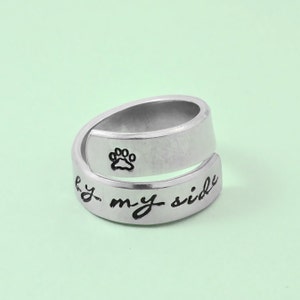 Always by my side - Hand Stamped Aluminum Spiral Ring, Pet Memorial Ring, Dog Paw Print Wrap Ring, Personalized Pets Owner Gift