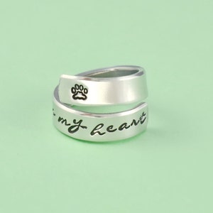 Forever in my heart - Hand Stamped Aluminum Spiral Ring, Pet Memorial Ring, Dog Paw Print Wrap Ring, Personalized Pets Owner Gift