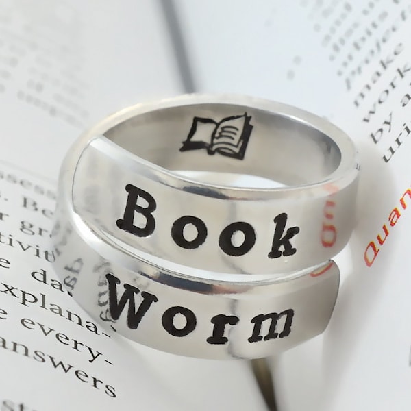 Book Worm - Hand Stamped Aluminum Spiral Wrap Ring, Geeky Ring, Gift for Book Lover, Reader, Language Teacher