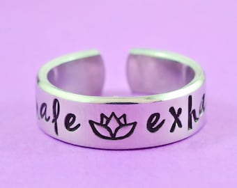 inhale exhale - Hand Stamped Cuff Ring, Lotus Ring, Workout, Namaste, Yoga Inspired Ring