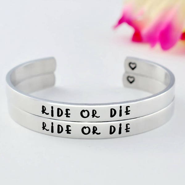 Ride Or Die - Hand Stamped Aluminum, Copper or Brass Cuff Bracelets Set, Best Friends BFF Friendship Gift, Inspirational Quote Jewelry