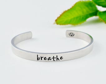 breathe - Hand Stamped Aluminum Cuff Bracelet, Lotus Flower Bracelet, Yoga Inspired Bracelet