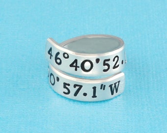 Latitude Longitude Coordinates - Hand Stamped Aluminum Spiral Wrap Twist Ring, Custom GPS location Ring, Meaningful Personalized Gift