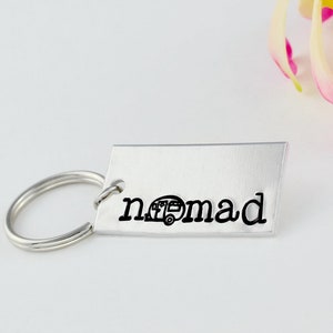 Nomad Keychain - Hand Stamped Aluminum Key Chain, Wanderlust, Trailer Travel Explore, Outdoors Camping Happy Camper