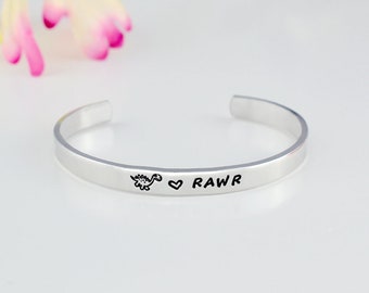 RAWR Means I Love You In Dinosaur, Hand Stamped Aluminum Cuff Bracelet, Mother Daughter Sisters Friends Friendship Gift